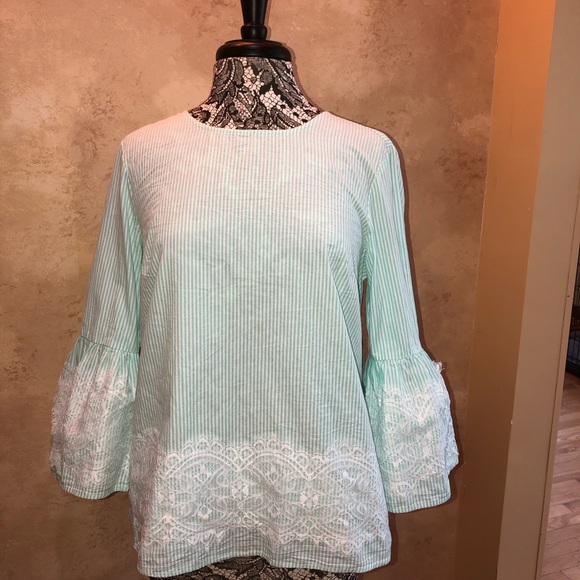 Crown & Ivy striped top with lace design. Size medium. NWT. Neck tie in back. - Picture 1 of 5